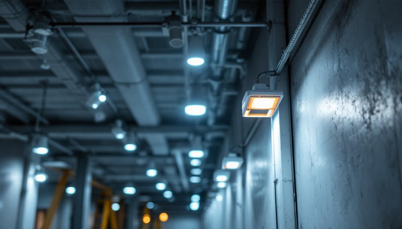 A photograph of a well-lit emergency lighting system installation in a commercial building