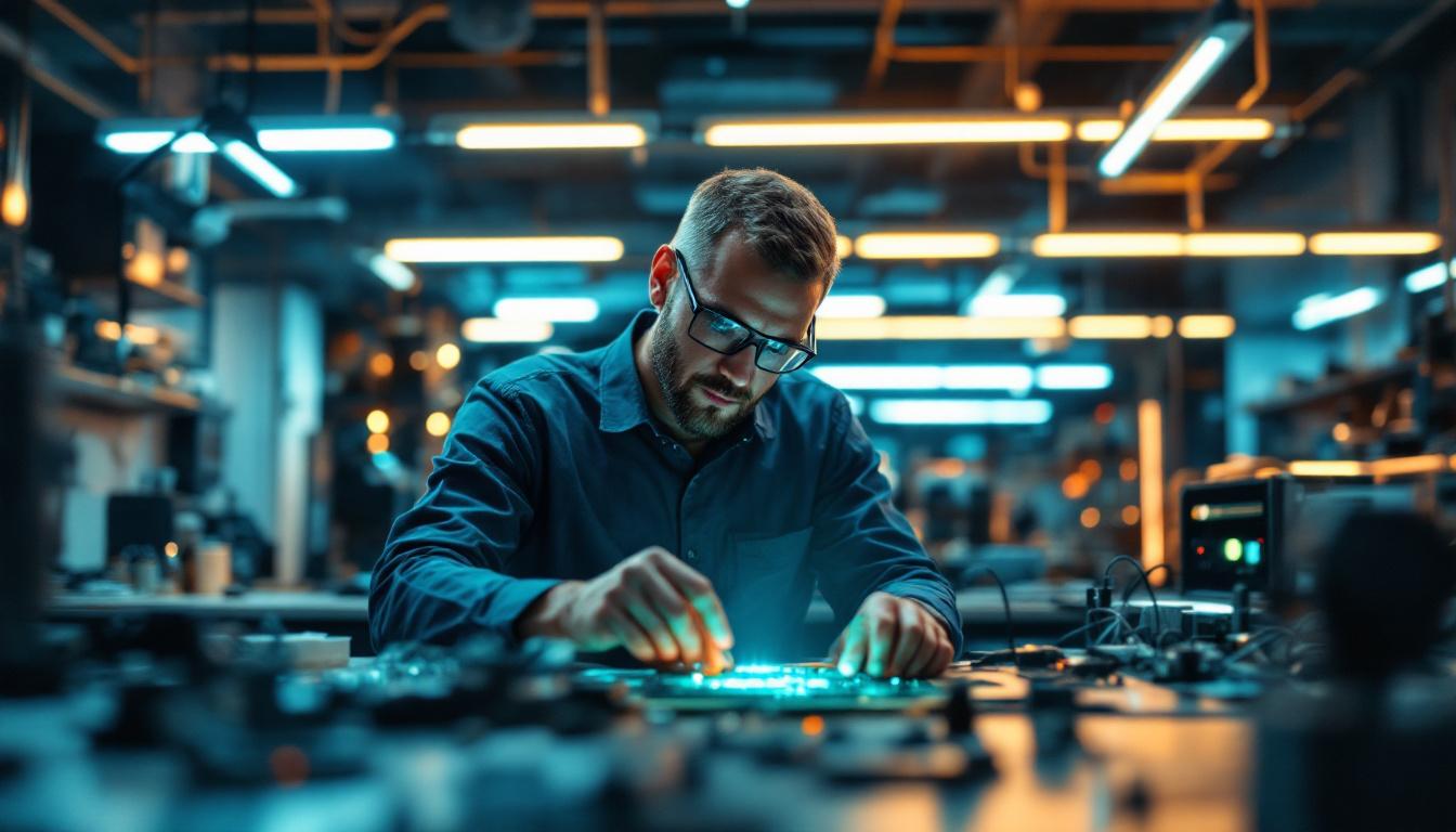 A photograph of a well-lit workspace featuring an electrical engineer examining a circuit board with led fluorescent lights illuminating the area
