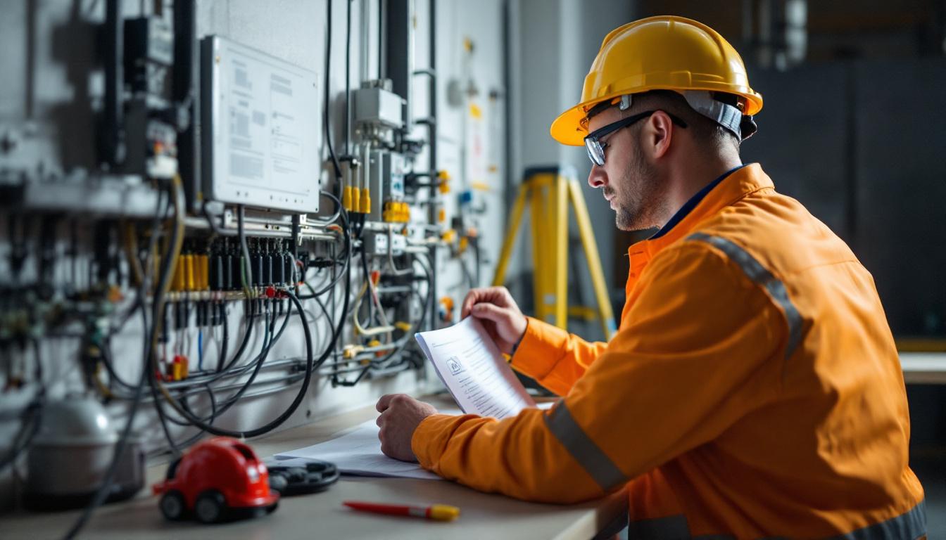 A photograph of a skilled engineer examining a complex lighting wiring setup