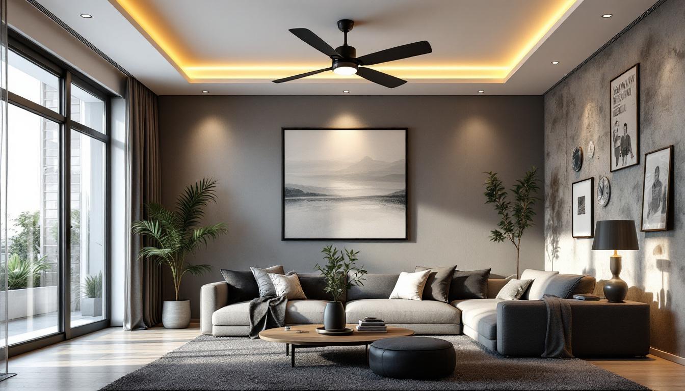 A photograph of a stylish living room featuring a modern ceiling fan with integrated lighting