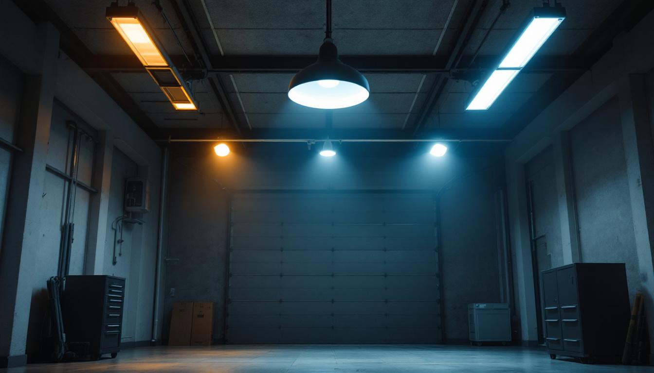A photograph of a well-lit garage space featuring a striking contrast between industrial-style ceiling light fixtures and sleek commercial lighting designs