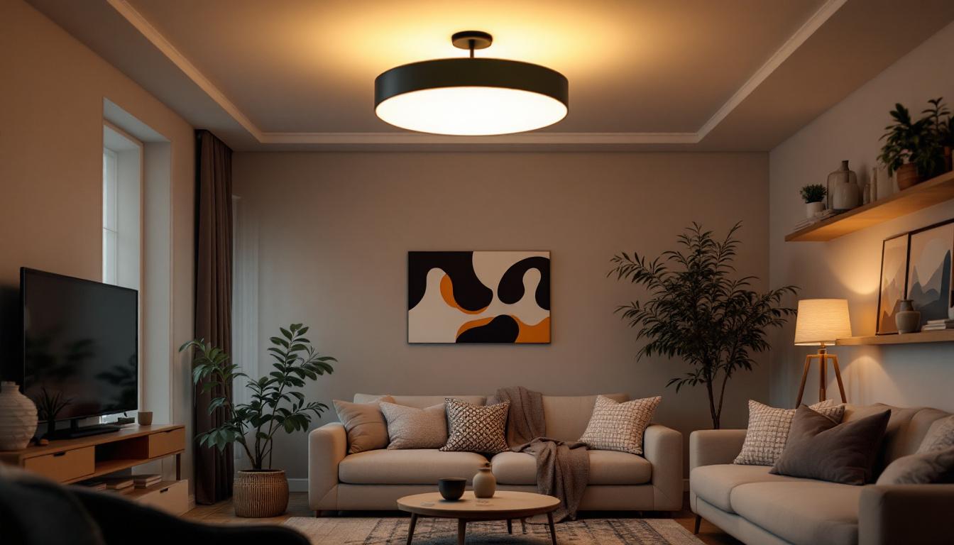 A photograph of a beautifully designed ceiling light fixture illuminating a cozy