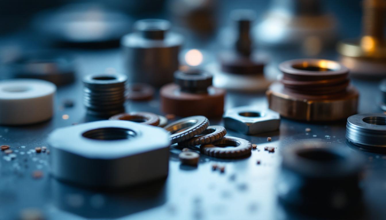 A photograph of a close-up of various electrical washers used in lighting fixtures