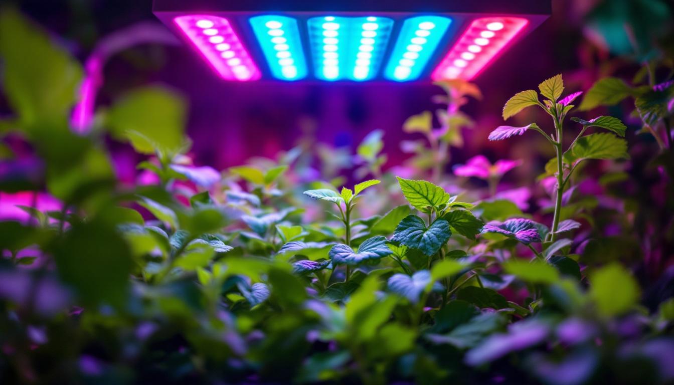 A photograph of a vibrant indoor garden illuminated by led grow lights