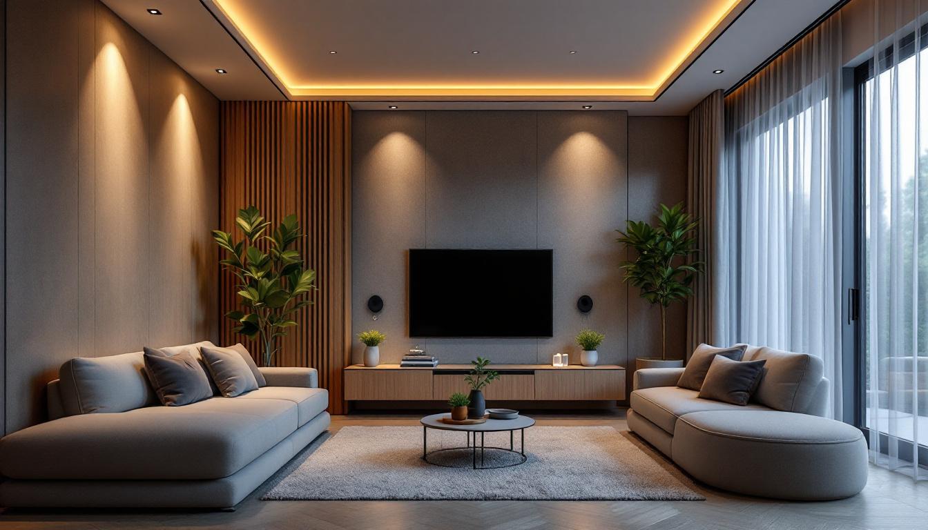 A photograph of a modern living space featuring stylish recessed lighting