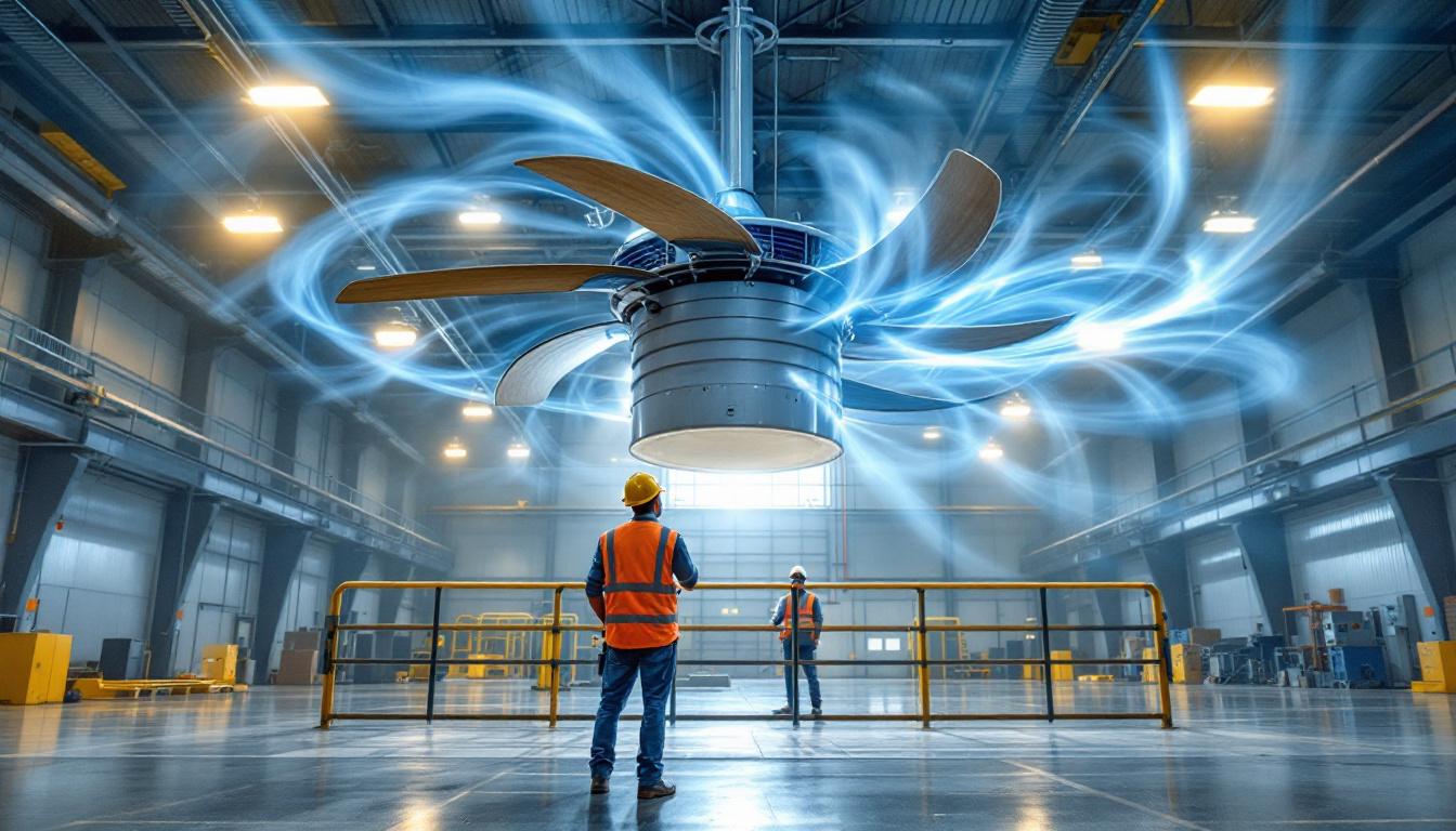 A photograph of a large industrial ceiling fan in action within a spacious warehouse or manufacturing facility