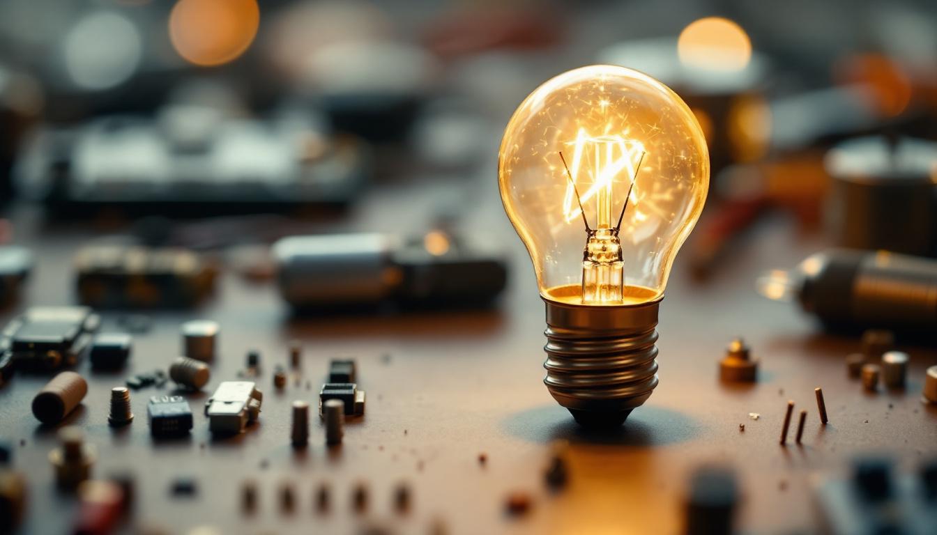 A photograph of a close-up shot of a tiny light bulb with two prongs