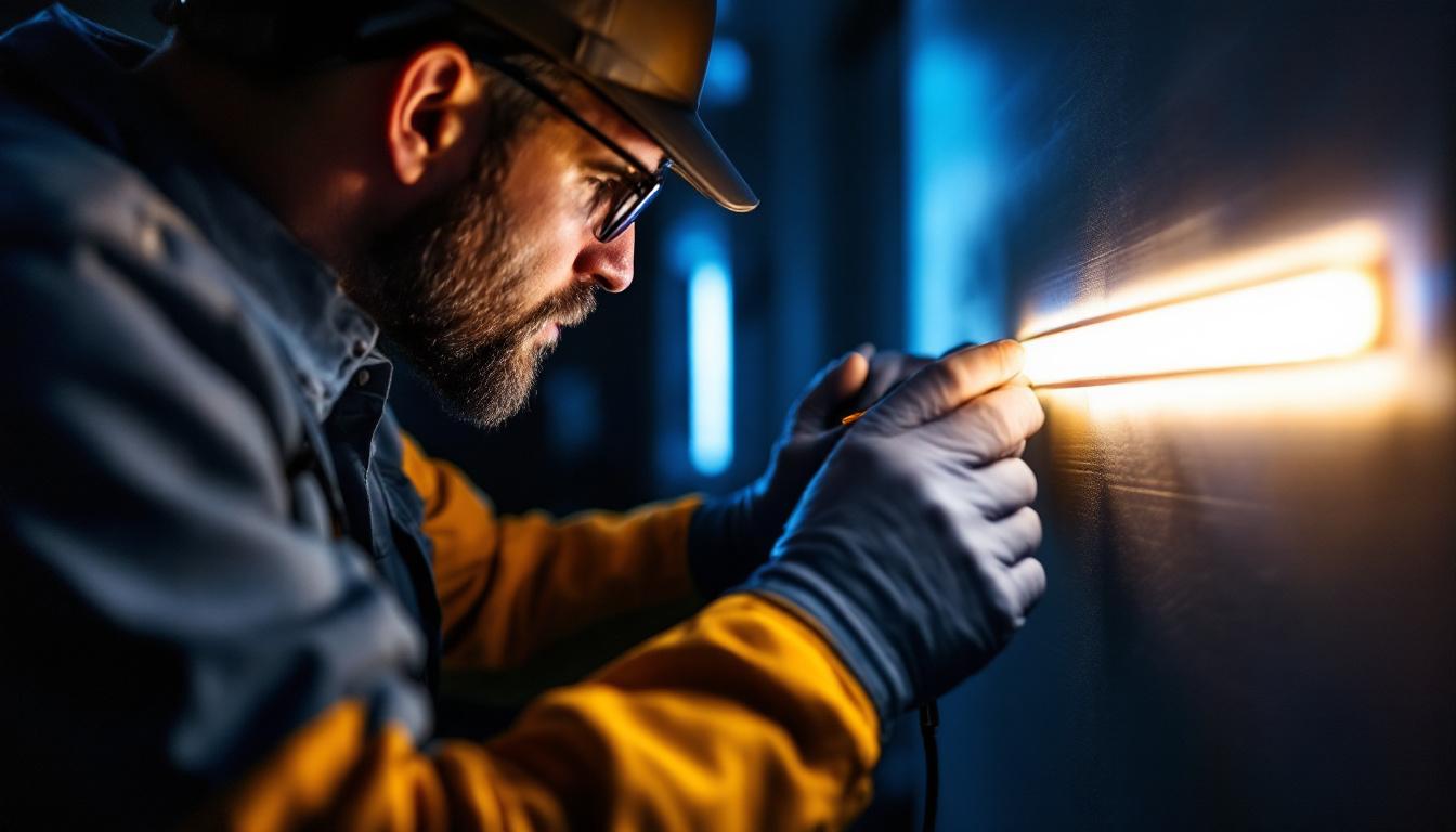 A photograph of a lighting engineer meticulously examining an ir light strip installation in a dimly lit environment