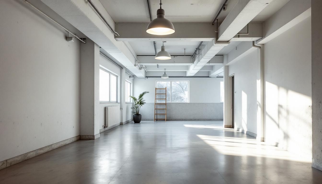 A photograph of a well-lit basement featuring a white industrial ceiling