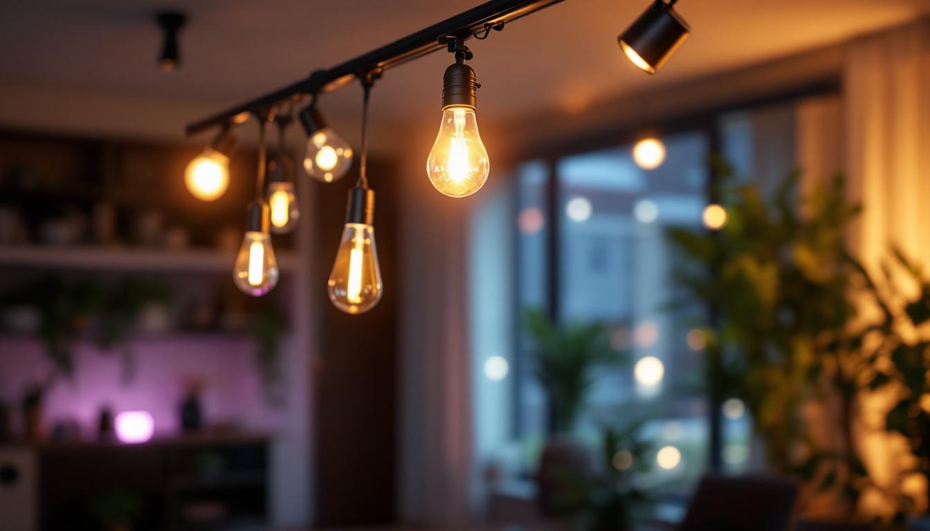 A photograph of a stylish track lighting setup featuring various led light bulbs in a modern interior space