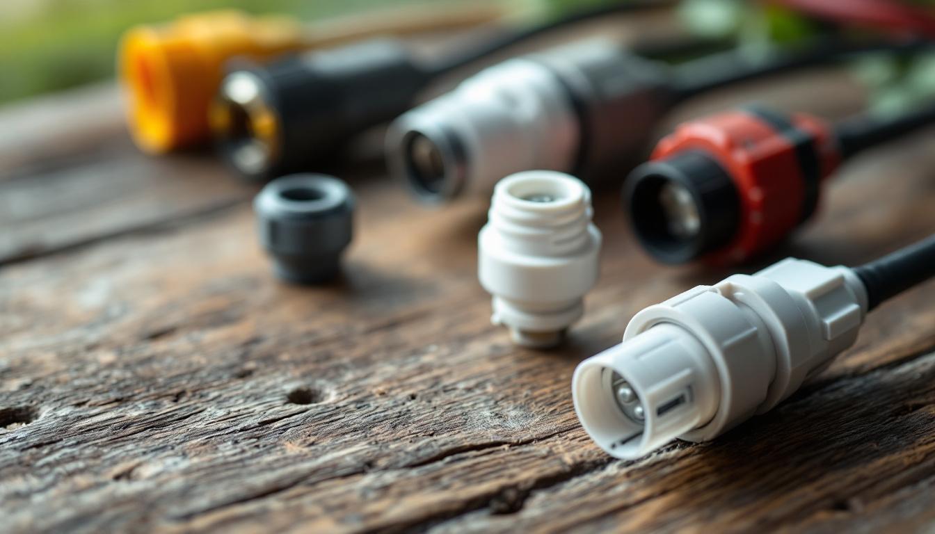 A photograph of a close-up shot of various low voltage outdoor lighting connectors laid out on a rustic wooden surface
