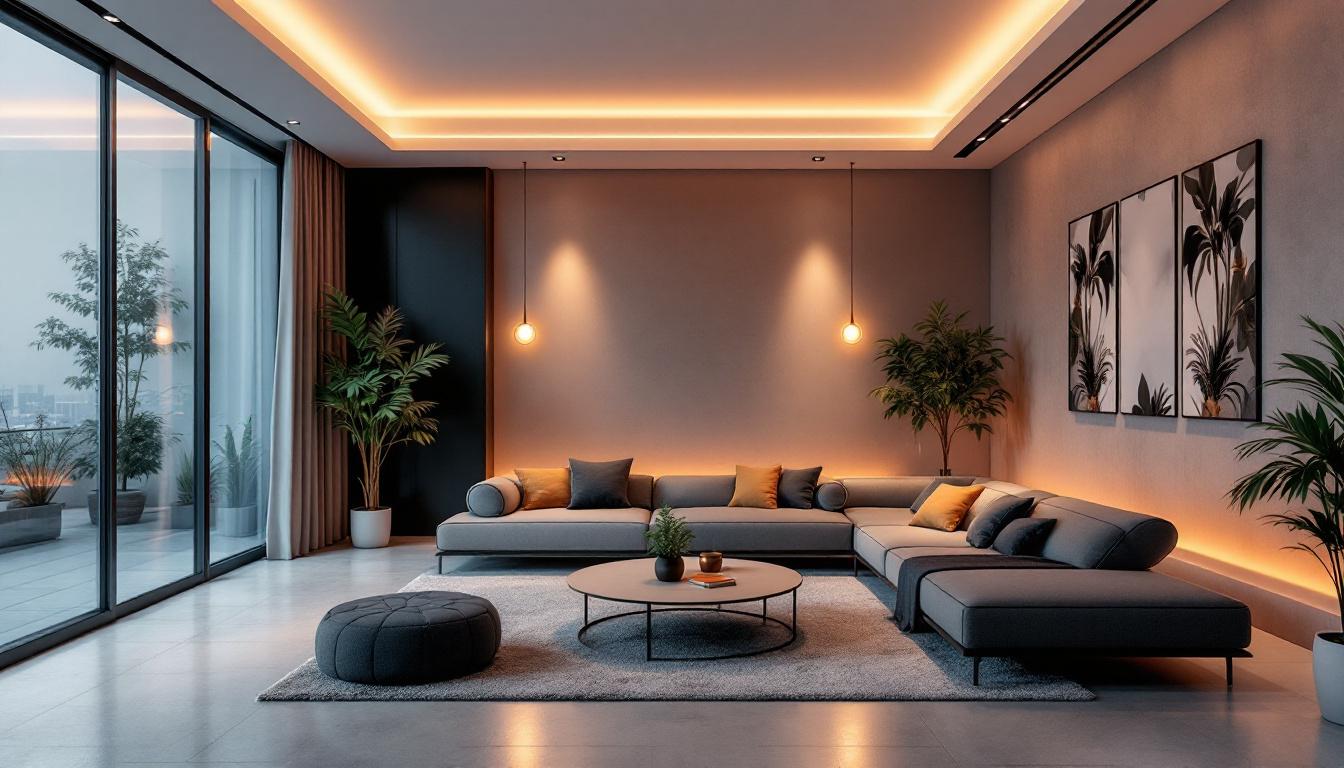 A photograph of a stylish interior space featuring modern lotus recessed lights