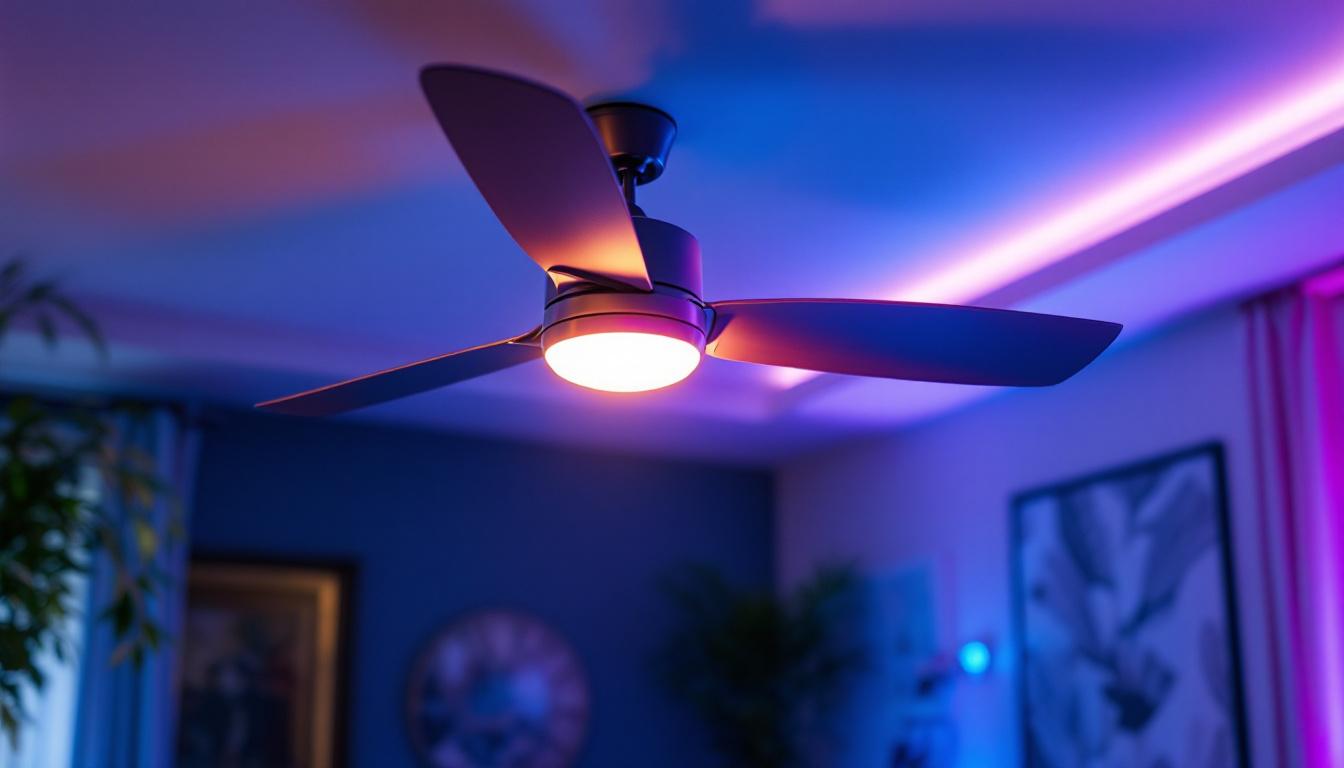 A photograph of a stylish ceiling fan integrated with ambient lighting in a well-designed interior space