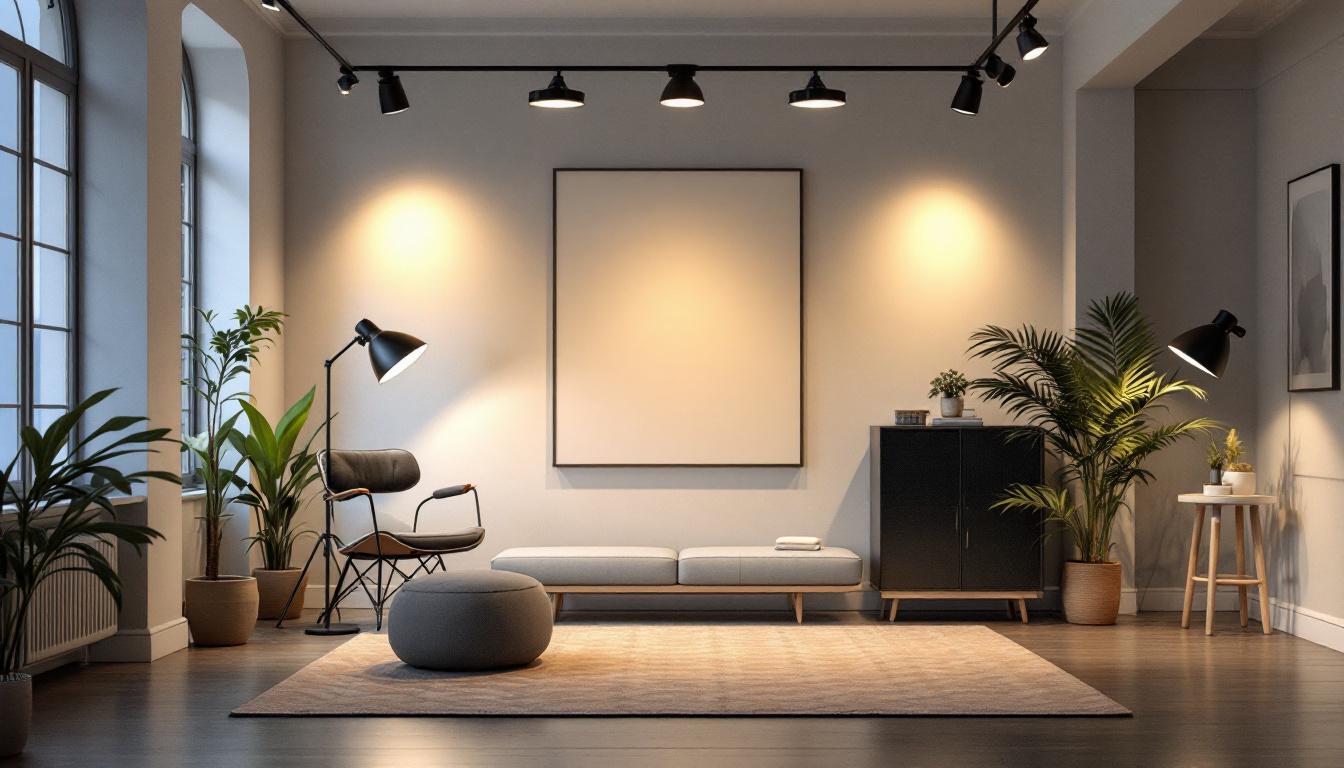A photograph of a well-lit interior space showcasing various lighting fixtures in different placements