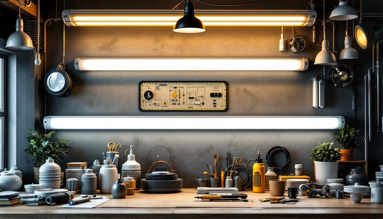 A photograph of a well-organized workspace featuring various types of fluorescent light receptacles alongside tools and lighting fixtures