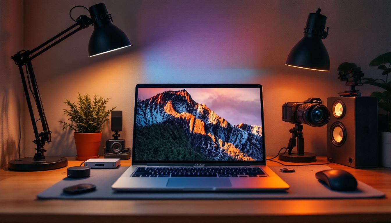 A photograph of a well-lit workspace featuring a laptop with various lighting setups