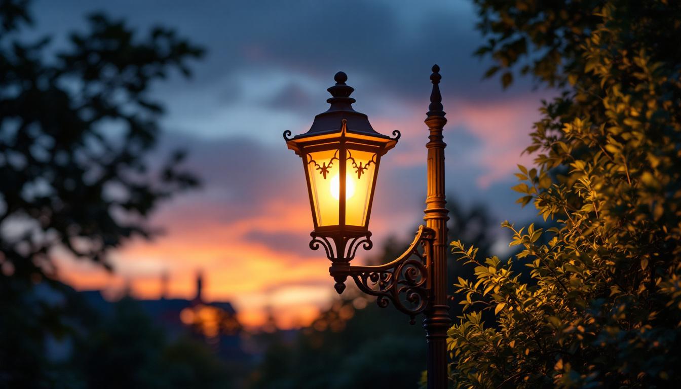 A photograph of a beautifully designed outdoor lamp post illuminated at dusk