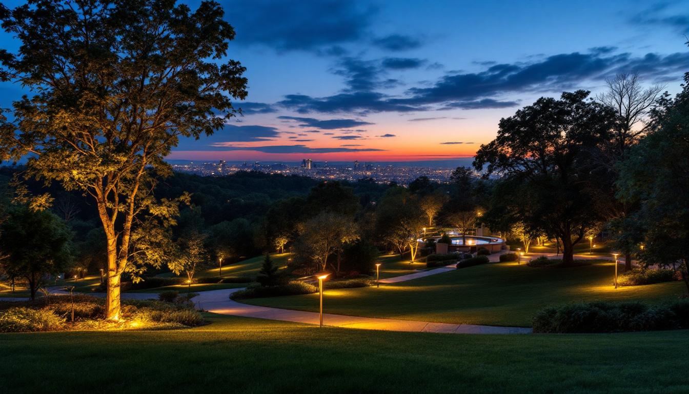A photograph of a beautifully illuminated landscape at dusk