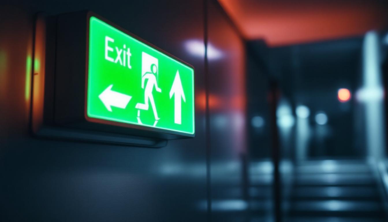 A photograph of a combination exit sign and emergency light installed in a dimly lit hallway