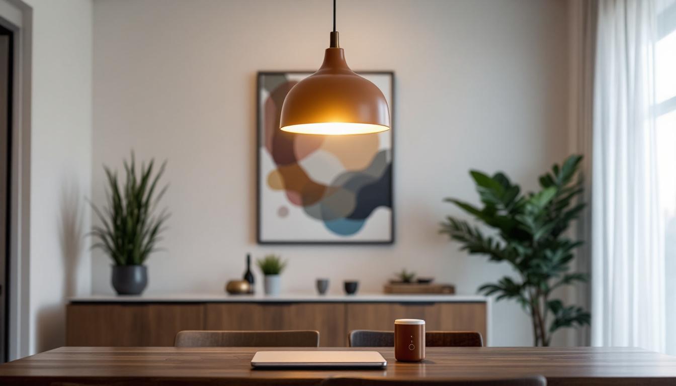 A photograph of a stylish led pendant light elegantly illuminated in a modern setting