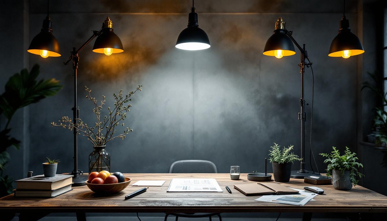 A photograph of an industrial-style lighting setup that showcases a blend of functionality and aesthetic appeal