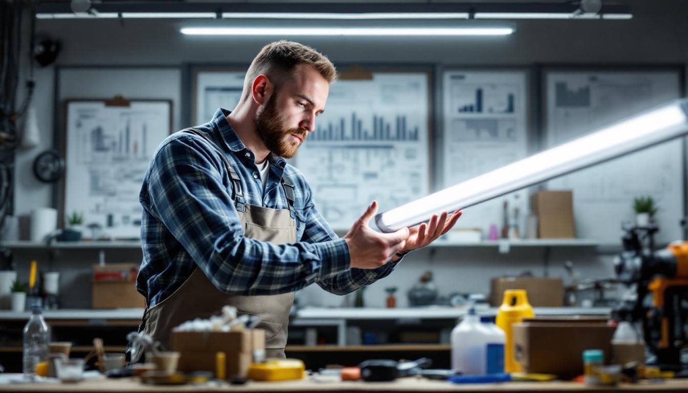 A photograph of a well-lit workspace featuring an electrical engineer examining a tube led t8 light fixture