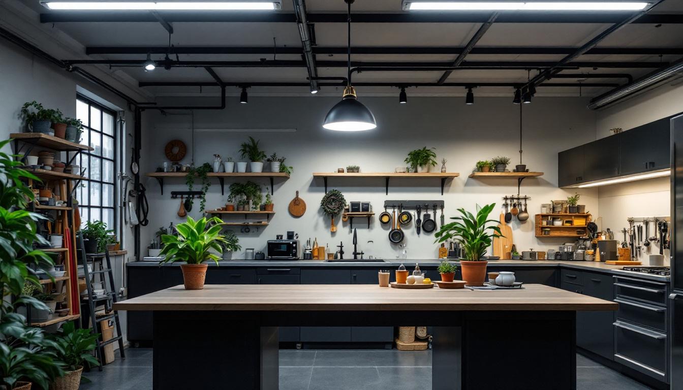 A photograph of a well-lit workshop or garage featuring hardwired shop lights in action