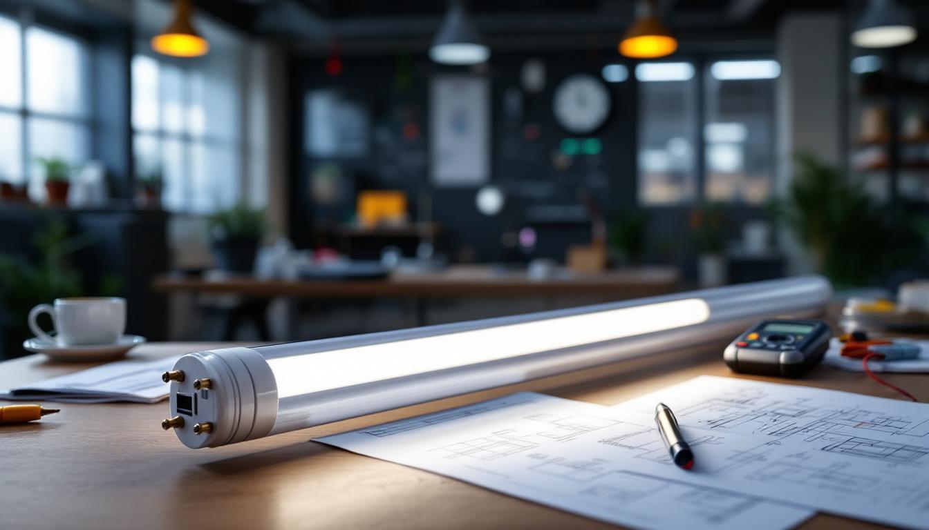 A photograph of a close-up shot of a f32t8/tl741 fluorescent tube in a well-lit workspace