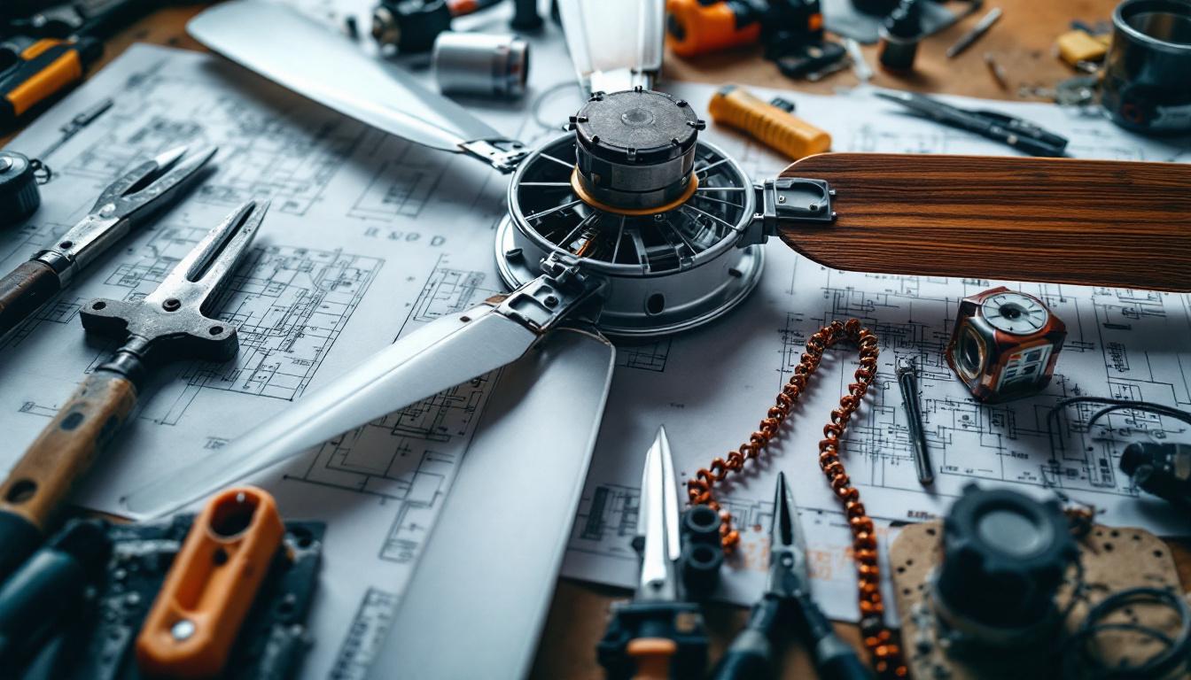 A photograph of a close-up shot of various ceiling fan parts