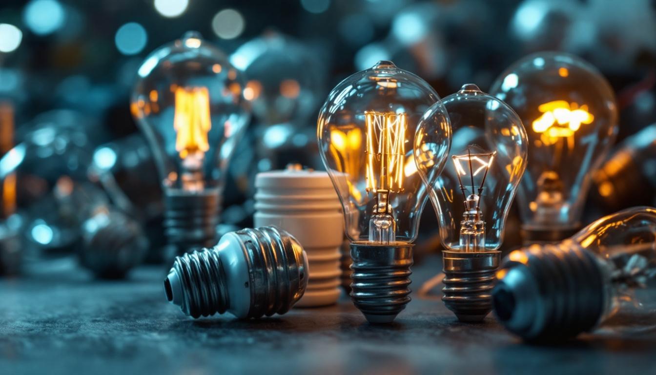 A photograph of a close-up of a light ballast alongside various types of light bulbs