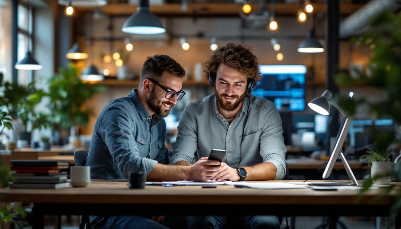 A photograph of a dynamic electrical engineer working collaboratively in a modern workspace