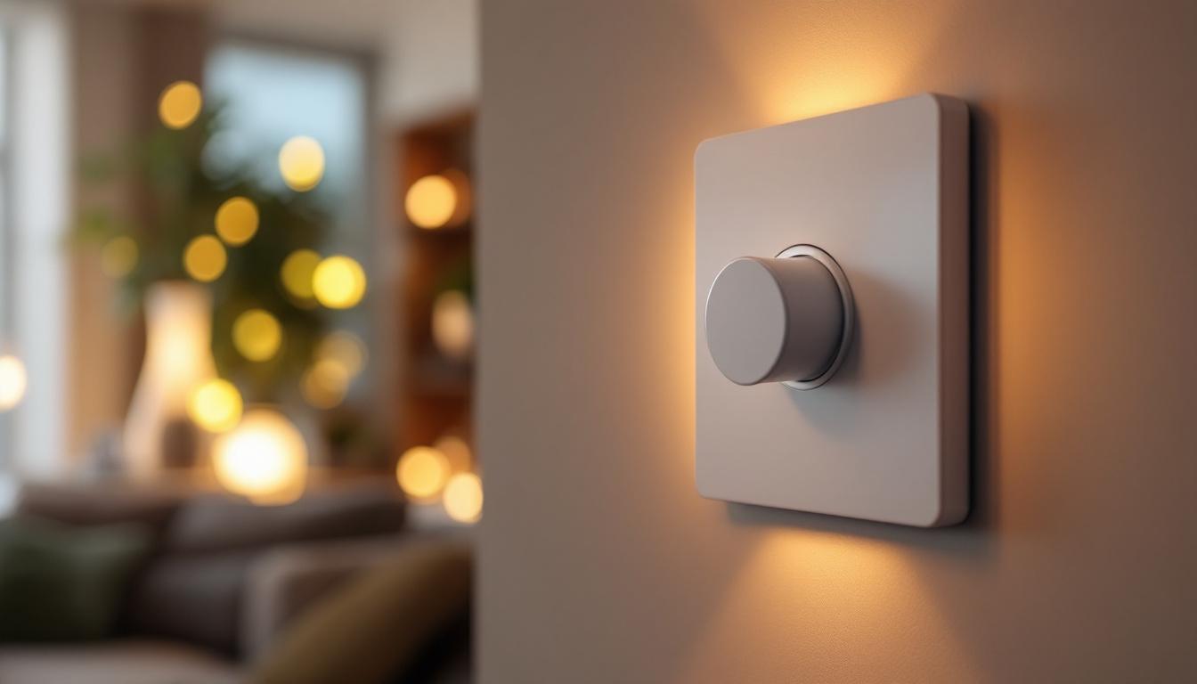 A photograph of a modern light dimmer switch installed on a stylish wall