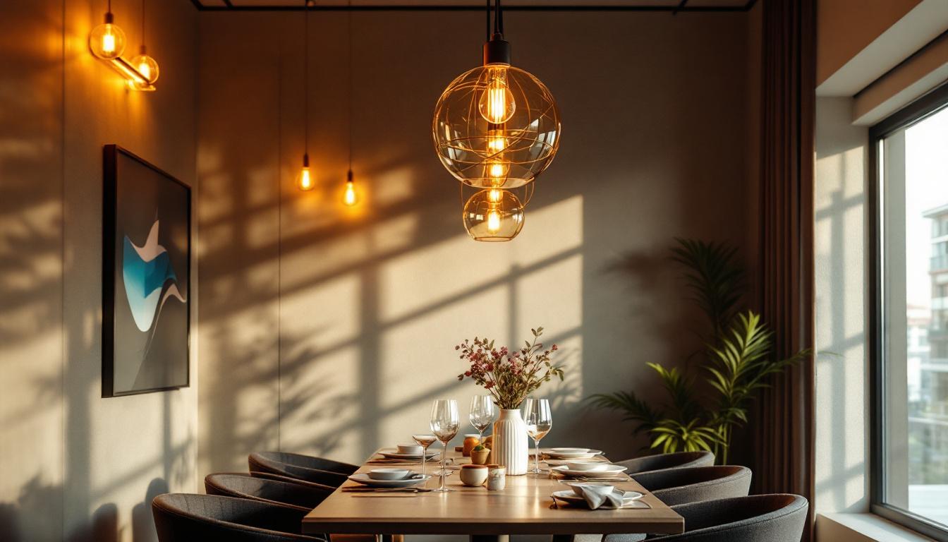 A photograph of a beautifully designed dining room featuring elegant hanging lighting fixtures