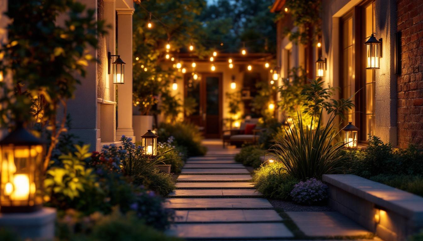 A photograph of a beautifully illuminated outdoor space showcasing various types of outdoor lighting fixtures