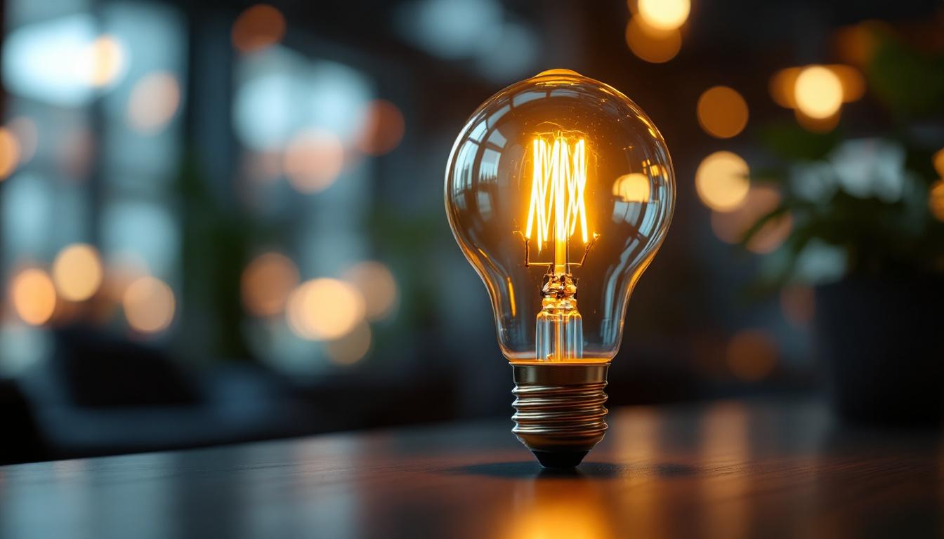A photograph of a close-up view of a type g light bulb illuminated in a stylish setting