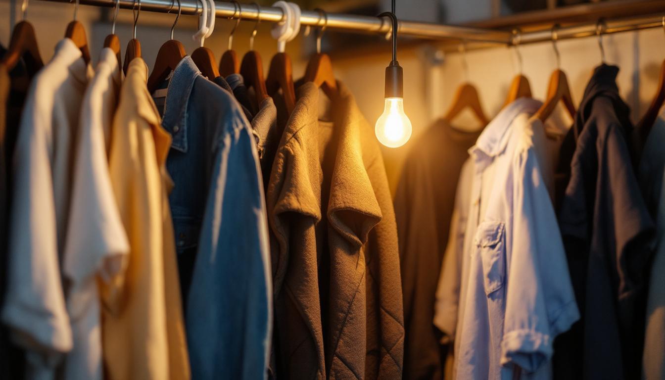 A photograph of a stylish closet pull chain light fixture in action