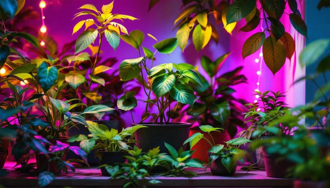 A photograph of a beautifully arranged indoor plant display illuminated by warm