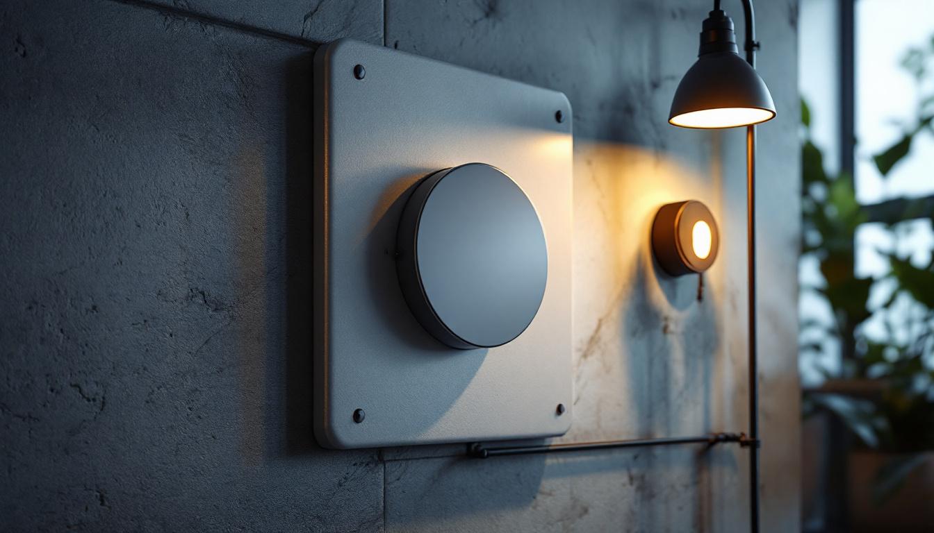 A photograph of a round electrical junction box cover installed in a well-lit