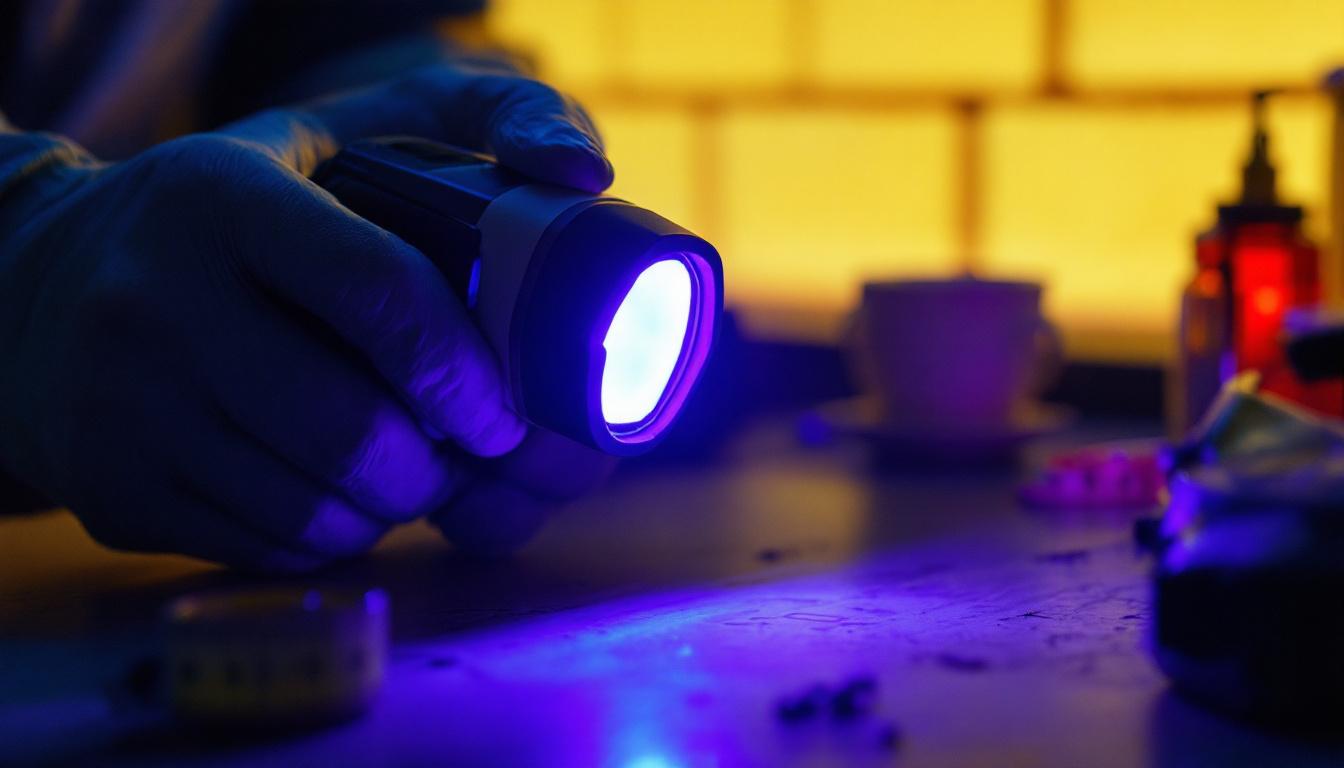A photograph of a handheld uv light in action