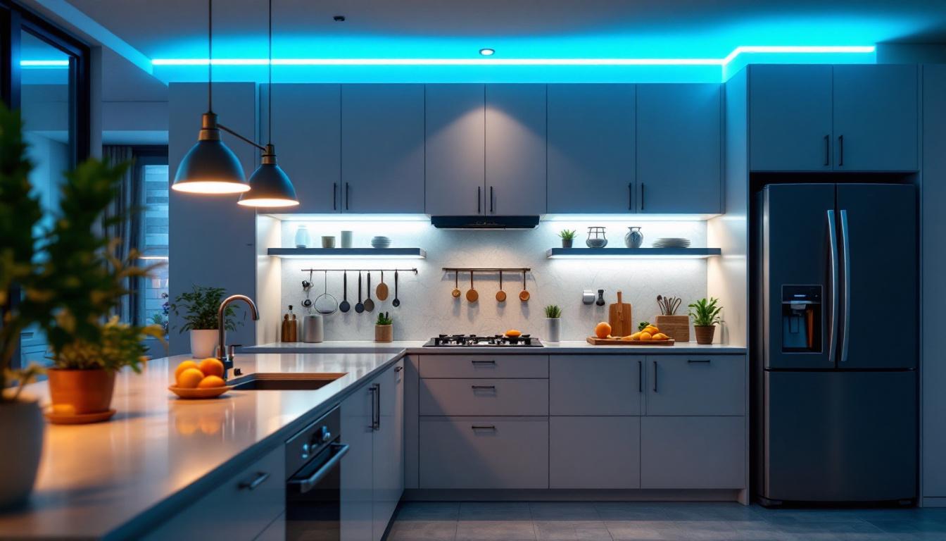 A photograph of a beautifully designed kitchen featuring stylish strip led lights installed under cabinets and along shelves