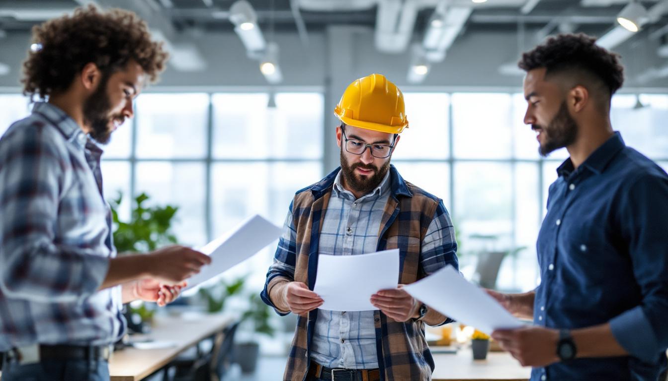 A photograph of a diverse group of engineers collaborating in a modern workspace