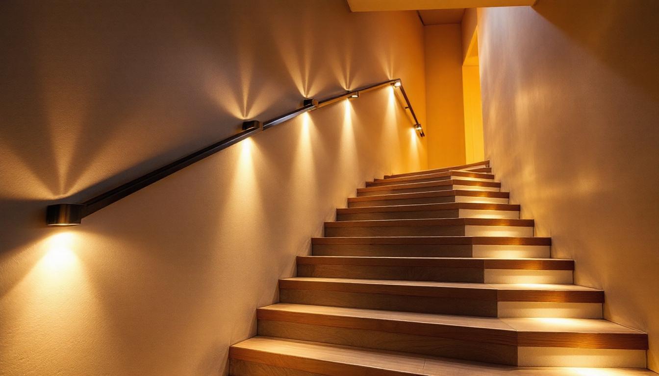 A photograph of a beautifully designed basement staircase illuminated by stylish
