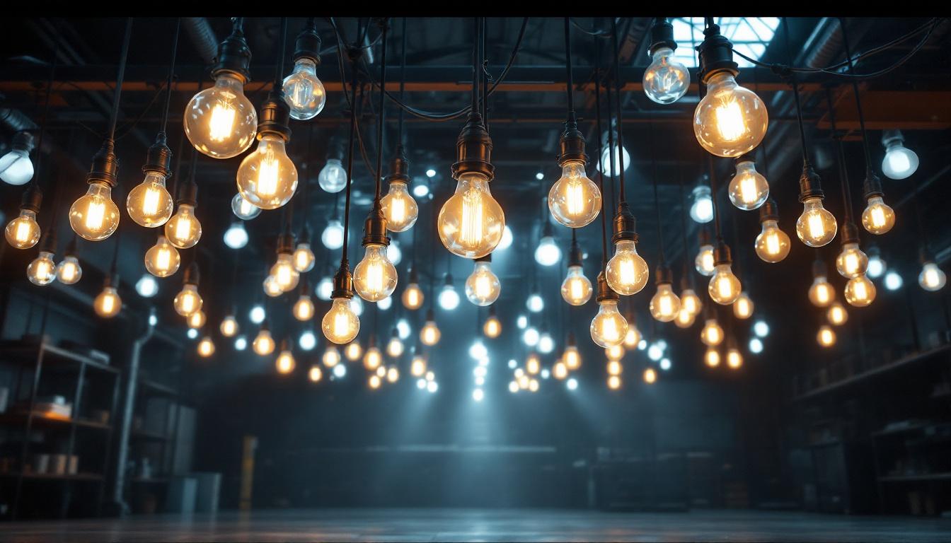 A photograph of a large-scale lighting installation in an industrial or commercial setting