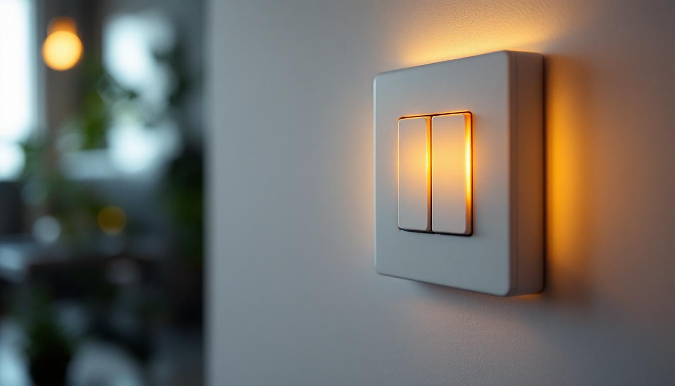 A photograph of a close-up of a modern light switch in a stylish home setting