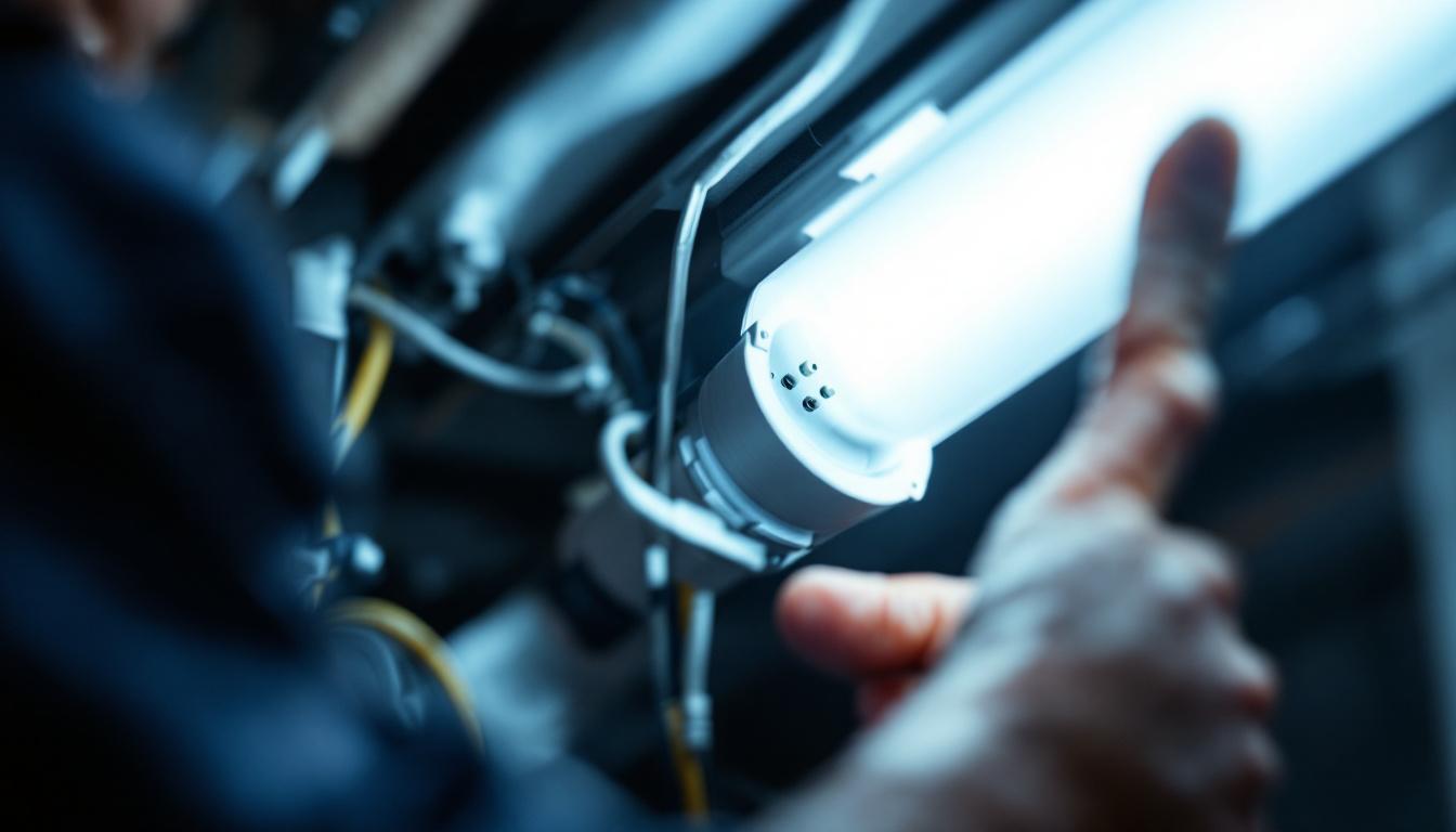 A photograph of a close-up of a fluorescent tube light socket being installed