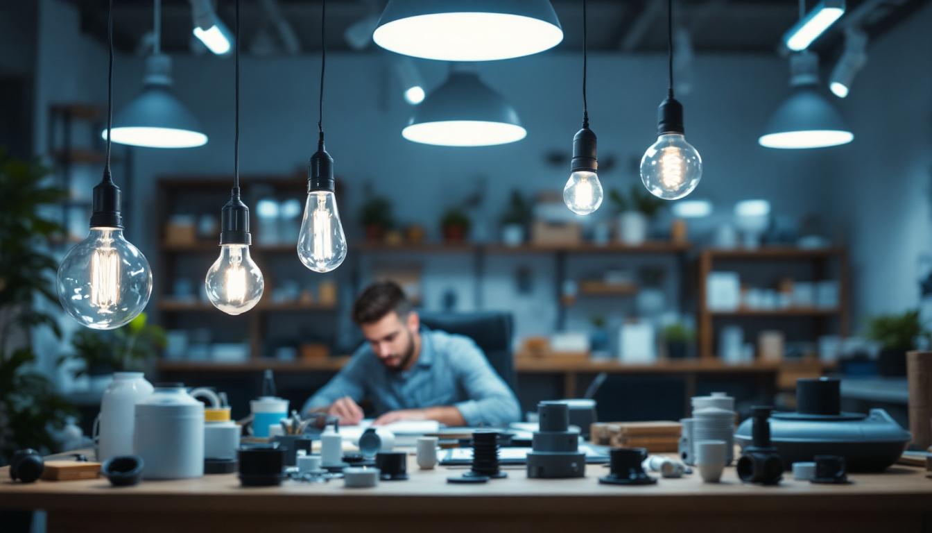 A photograph of a well-organized workspace featuring various ceiling light fixture components