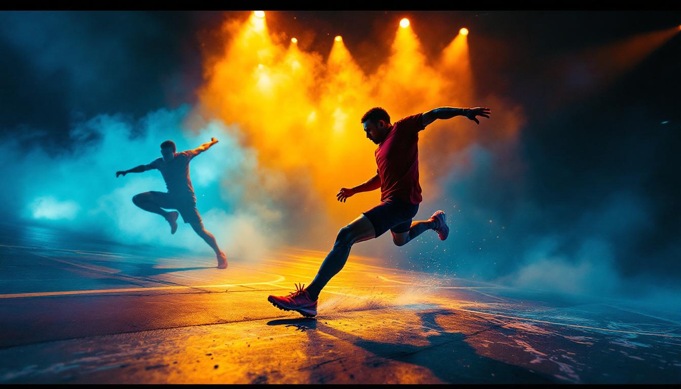 A photograph of a dynamic sports scene illuminated by natural light