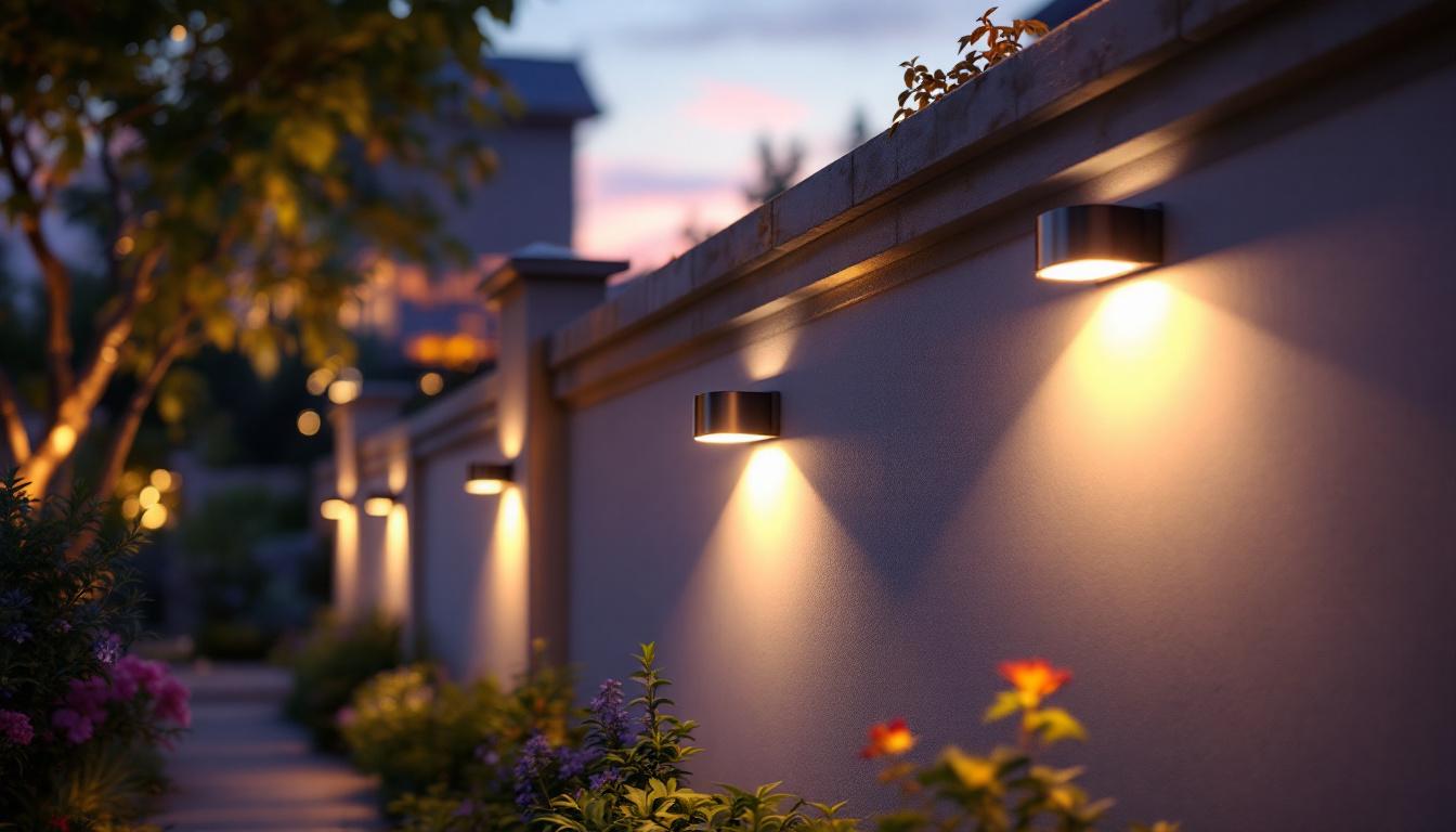 A photograph of a beautifully lit outdoor space featuring various styles of solar wall lights installed on walls or fences