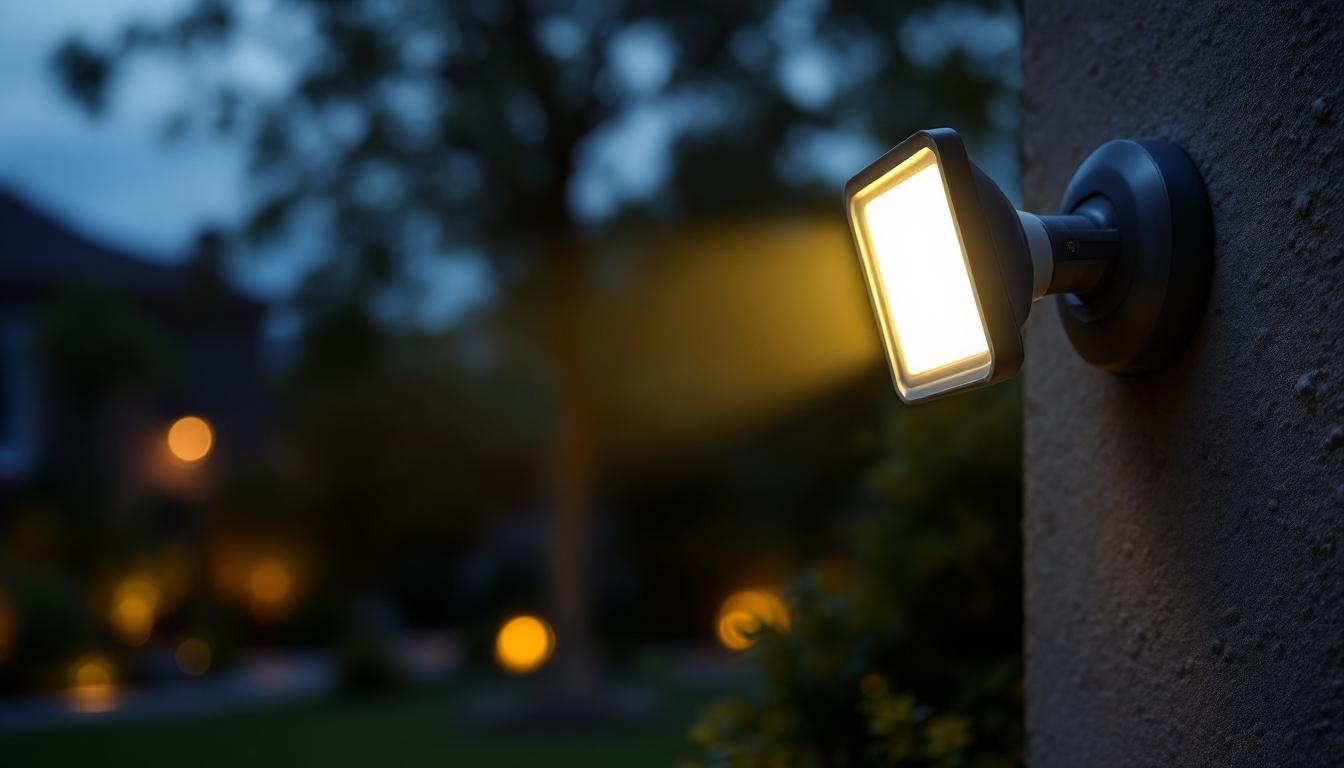 A photograph of a motion sensor flood light bulb in action