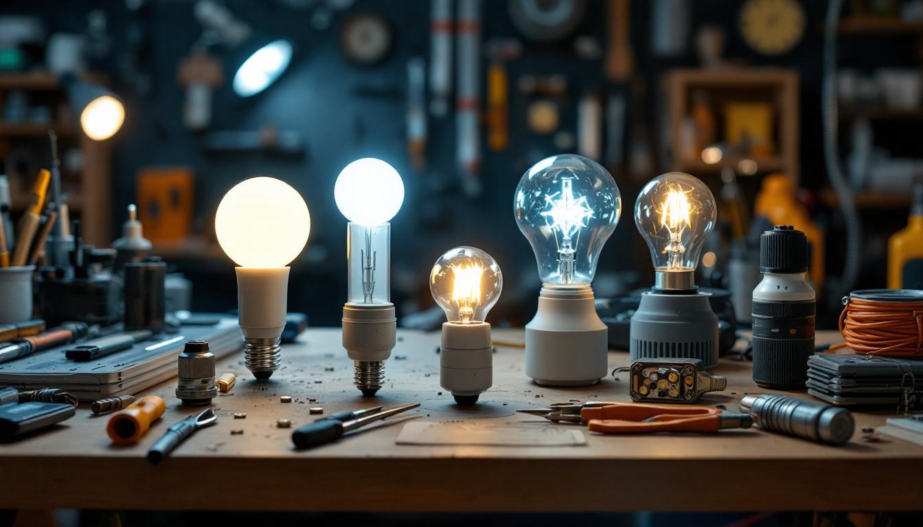 A photograph of a close-up view of various led light sizes and shapes